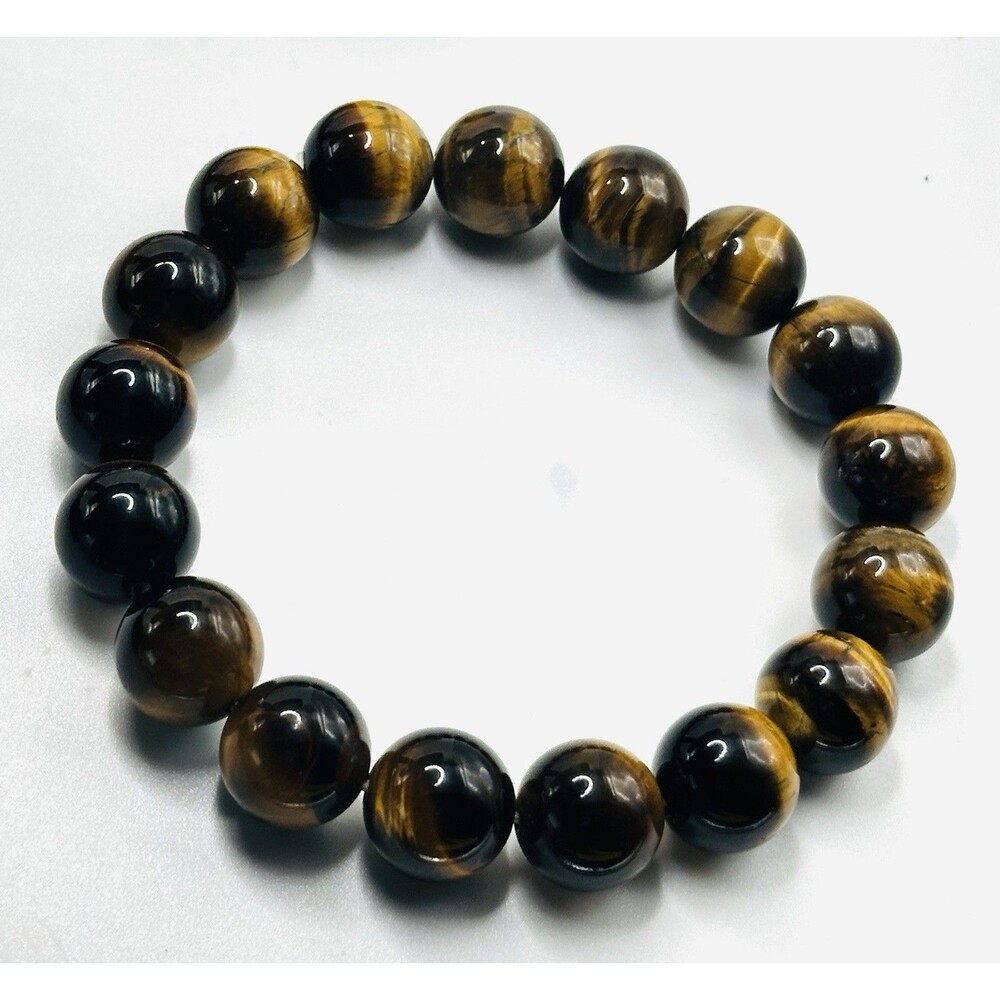Tiger’s Eye Gemstone Stretch Bracelet Round Bead Natural Stone Brown Gold